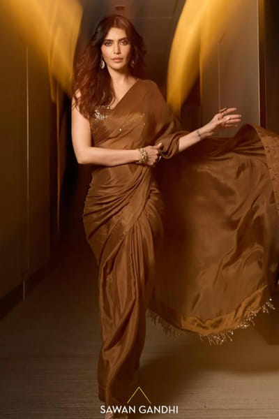 Sawan Gandhi Coffee tassel embellished sari set SAWAJUN26D147842