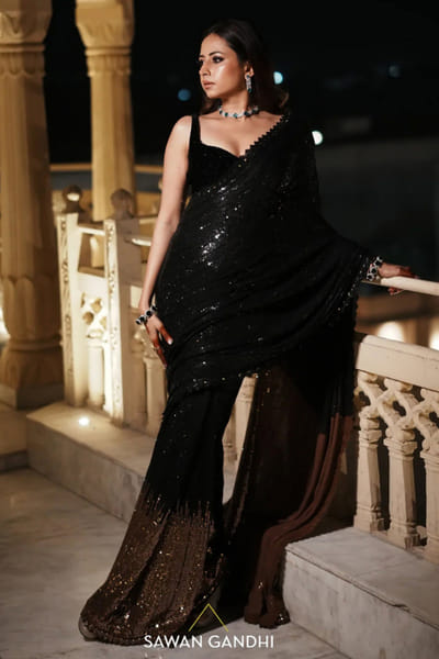 Sawan Gandhi Black and gold sequin embellished sari set SAWAJUN26D147843