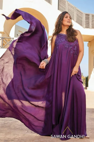 Sawan Gandhi Wine appliqued one-shoulder cape set SAWAJUN26D147846