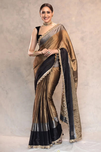 Sawan Gandhi Coffee and black embellished tissue sari set SAWAJUN26D147856