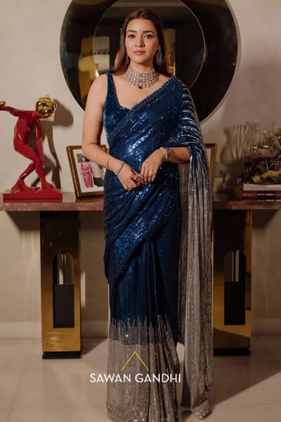 Sawan Gandhi Electric blue sequin embellished sari set SAWAJUN26D147862