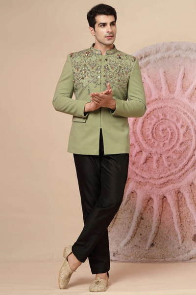 Sage green embroidered jacket set