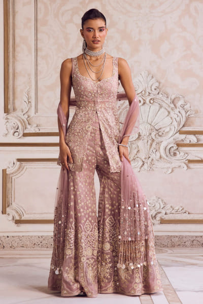 Sanya Gulati Champagne gold zari embroidered peplum set SANDEC25D135044