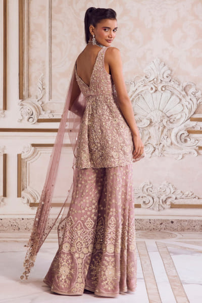 Sanya Gulati Champagne gold zari embroidered peplum set SANDEC25D135044