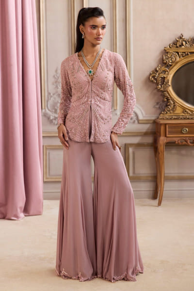 Sanya Gulati Champagne gold sequin embroidered peplum set SANDEC25D135046