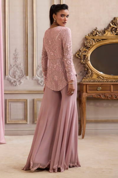 Sanya Gulati Champagne gold sequin embroidered peplum set SANDEC25D135046