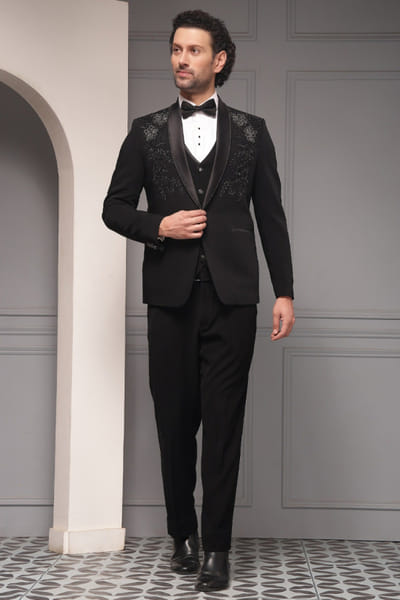 Black embroidered tuxedo set