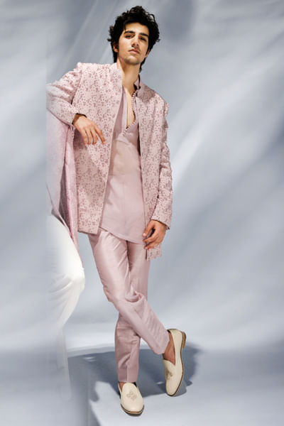 Rose pink cutdana and sequins bandhgala