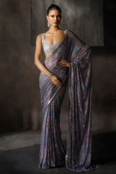 Multicoloured Swarovski embellished sari set