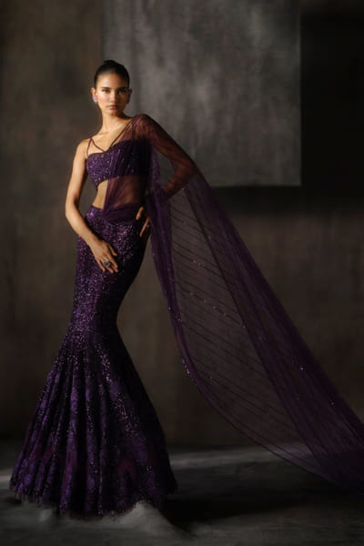 Wine applique work mermaid lehenga set