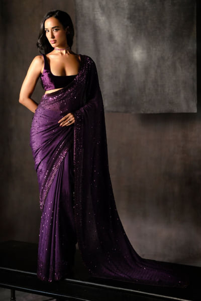 Wine embroidered sari set