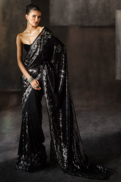Black sequin embroidered sari set
