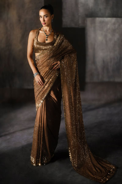 Coffee gold kashti embroidered sari set