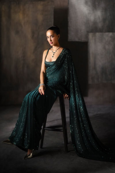 Bottle green kashti embroidered sari set