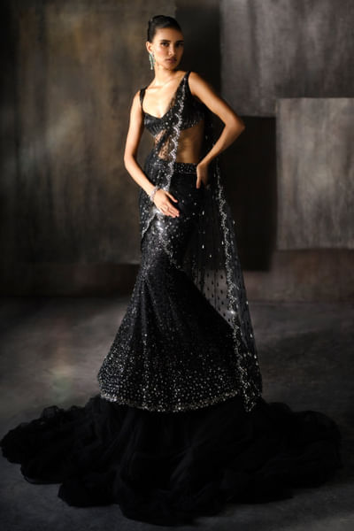 Black kashti embroidered drape sari set