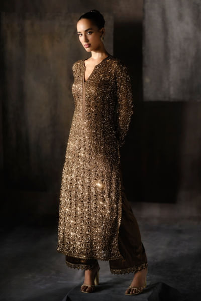 Coffee gold cutwork embroidered kurta set