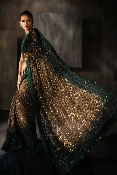 Bottle green and gold sequin embroidered sari set
