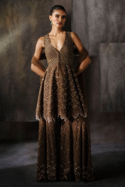 Coffee cutwork embroidered peplum sharara set