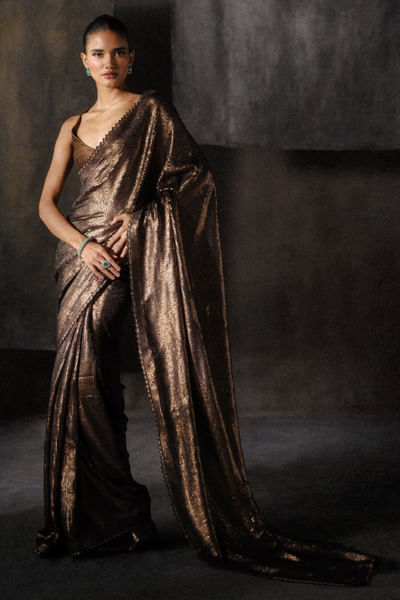 Coffee sequin embroidered sari set