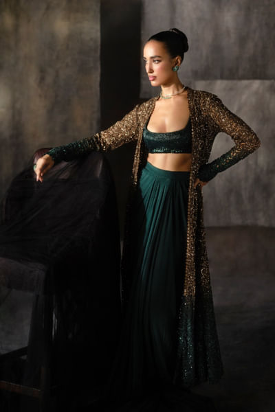Green and gold sequin embroidered cape skirt set