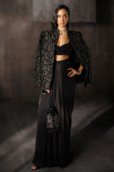 Black cutdana embroidered dhoti skirt set