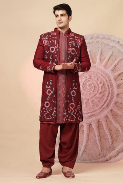 Maroon embroidered sherwani salwar set