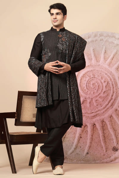 Black embroidered jacket kurta set