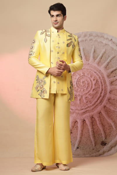 Yellow embroidered jacket kurta set