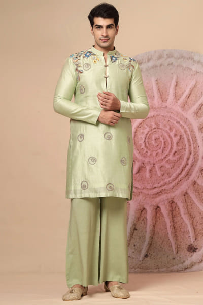 Light green mirror embroidery jacket kurta set