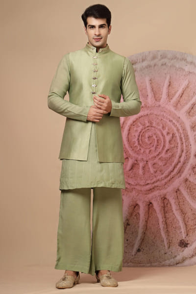 Green embroidered jacket kurta set