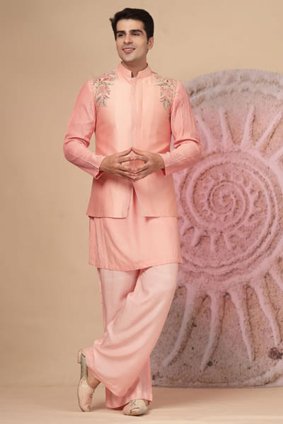 Peach embroidered jacket kurta set