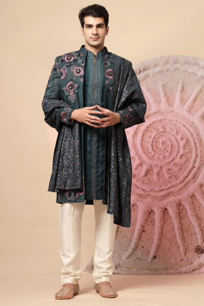 Teal embroidered sherwani kurta set