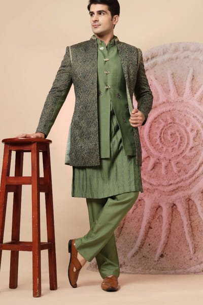 Olive green embroidery jacket kurta set
