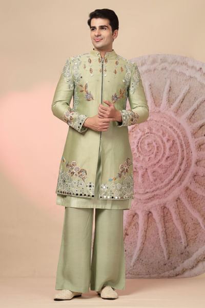 Green embroidered chanderi silk kurta set