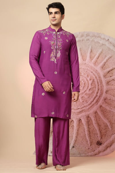Magenta purple embroidered kurta pyjama set