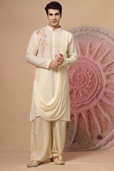 Ivory embroidered and draped kurta set