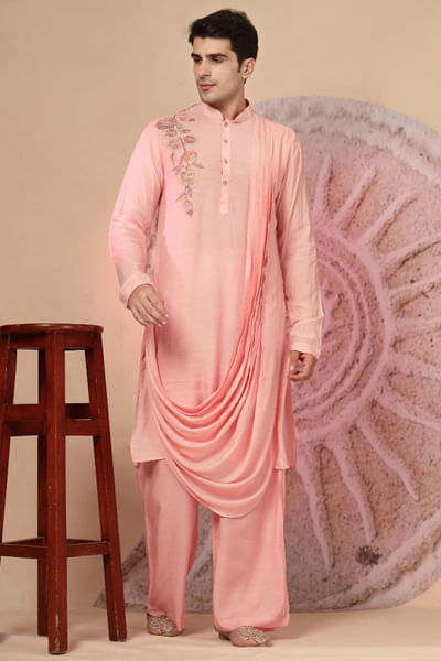 Peach embroidered cowl draped kurta set