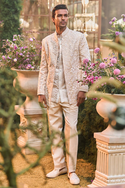 Nude thread embroidered bandhgala set