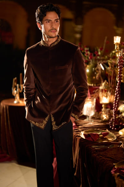 Seema Gujral Brown zardozi embroidered velvet bandhgala set SEEMJUL26D149116