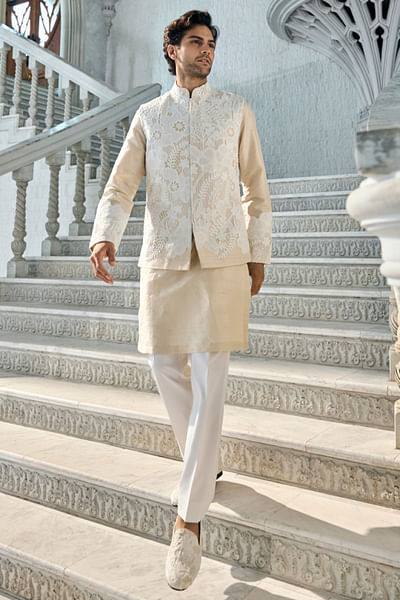 Nude floral lace cutwork bandi kurta set