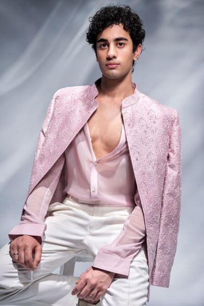 Rose pink sequins and threadwork bandhgala