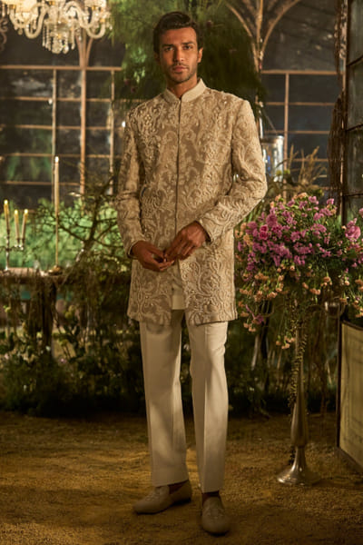 Champagne pearl embroidered sherwani set
