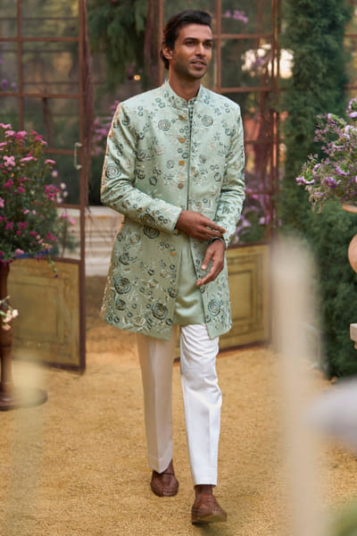 Emerald thread embroidered sherwani set