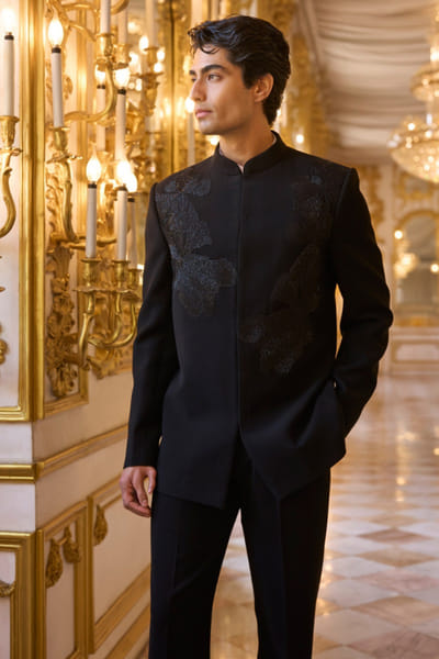 Seema Gujral Black floral dori embroidered bandhgala set SEEFEB26D138380