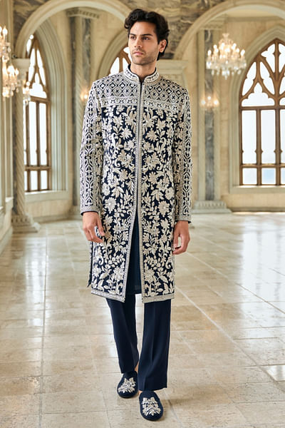 Navy floral embroidered sherwani set
