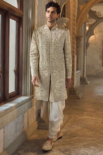 Antique gold floral embroidered sherwani set