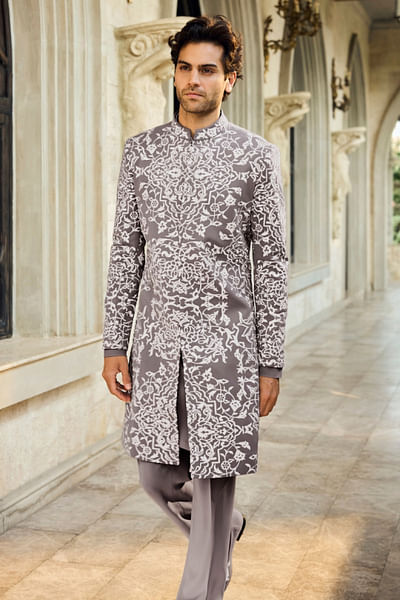 Grey embroidered sherwani set
