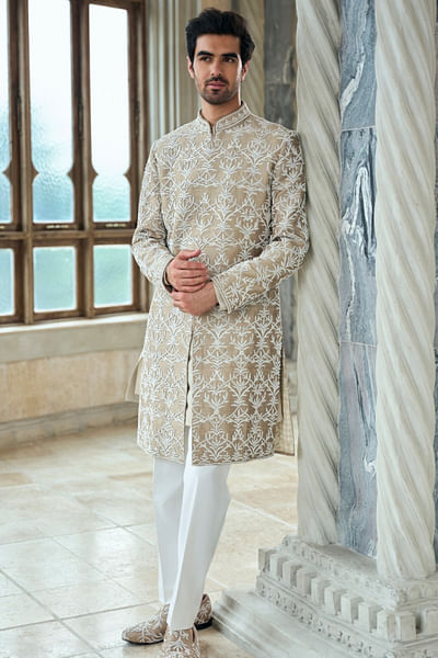 Coffee pearl embroidered sherwani set