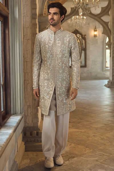 Greige floral embroidered sherwani set
