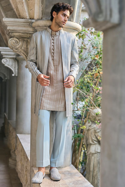 Sage green embroidered open sherwani set
